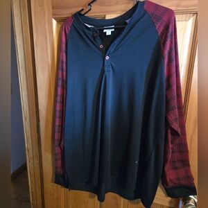 Plaid Sleeve Black Henley Shirt